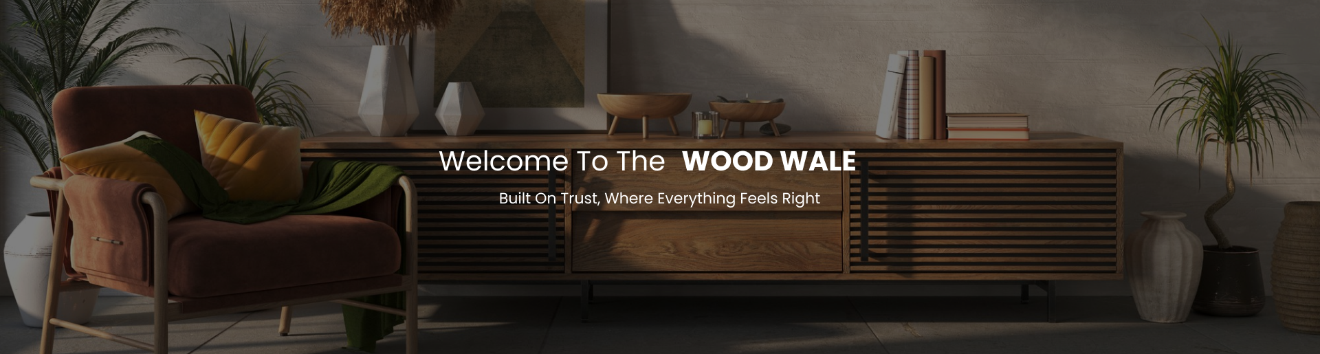 An Image showing woodwork and text welcoming users.